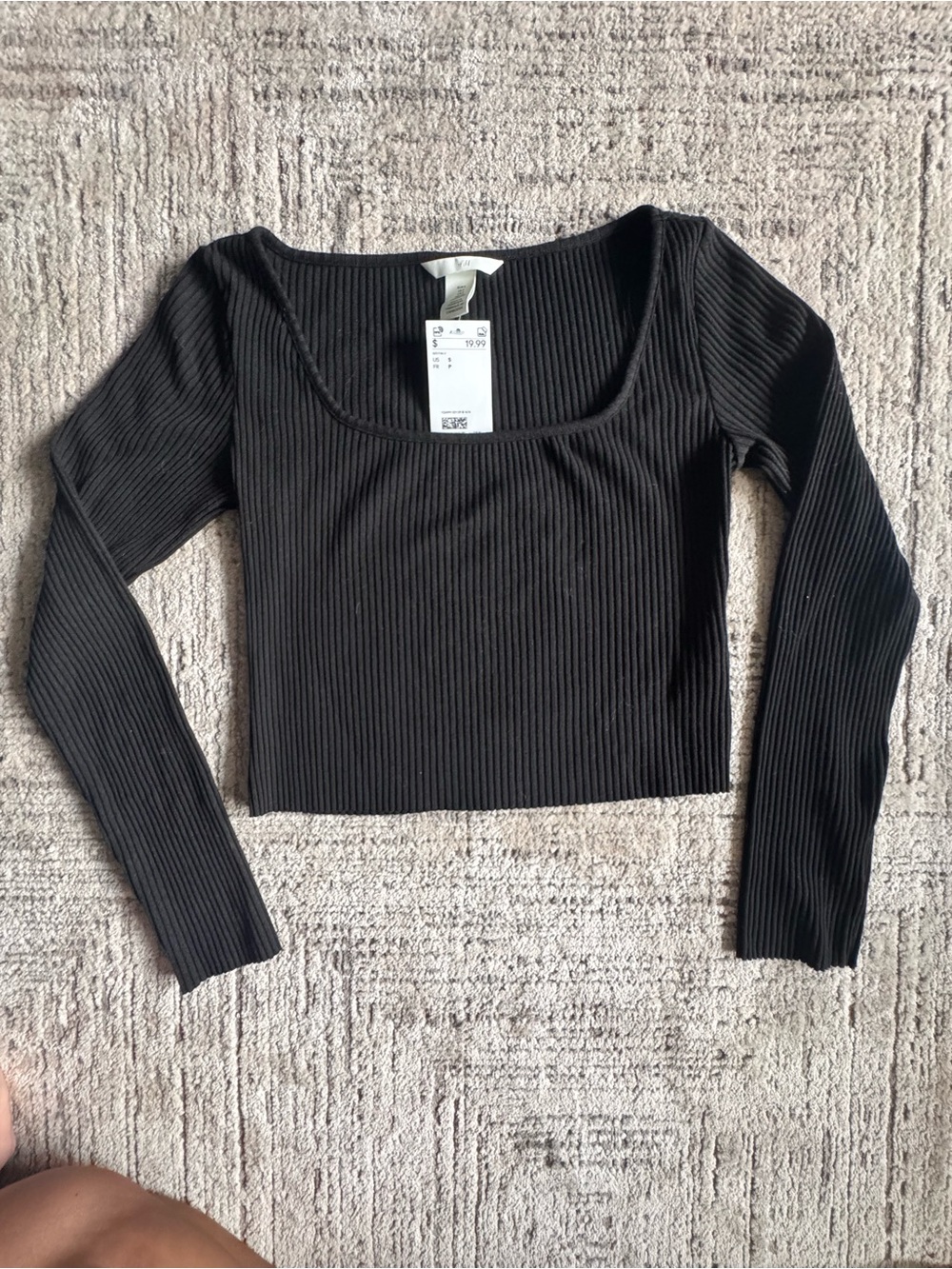 H&M Black Ribbed Square-Neck Long Sleeve Crop Top